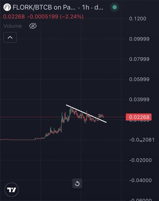 A TradingView chart of FLORK/BTCB on a 1-hour timeframe shows the token down 2.24% at 0.02268, with a descending trendline drawn over a recent lower-high pattern as price hovers near recent lows around 0.02081, visually reinforcing the author's claim of a sideways accumulation phase following a sharp pump.
