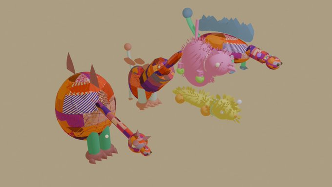 A 3D rendered illustration of two whimsical, colorful abstract creatures with spikes and patterns against a beige background.
