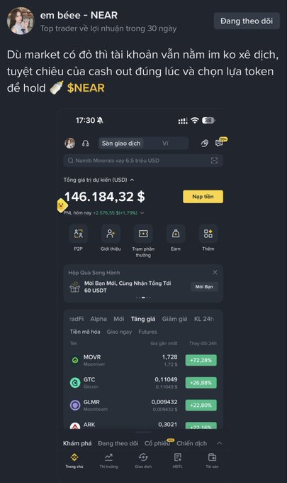 A Vietnamese-language crypto trading post by 'em bèe - NEAR' promotes holding the $NEAR token, showing a portfolio valued at $146,184.32 USD and listings for MOVR, GTC, GLMR, and ARK.