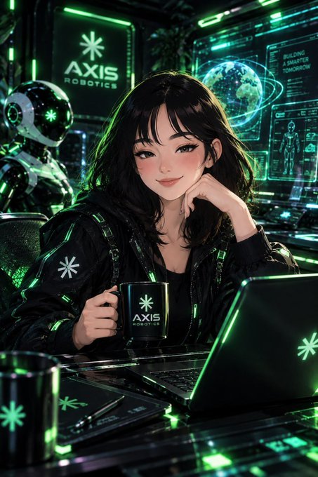 An anime-style illustration of a smiling woman with dark hair holding an 'AXIS ROBOTICS' mug in a futuristic green-lit room with a robot, globe displays, and holographic screens reading 'BUILDING A SMARTER TOMORROW'.
