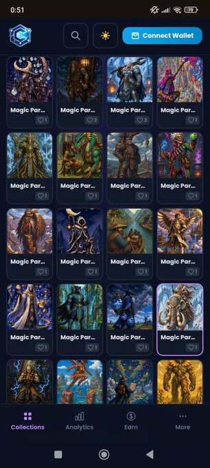 A mobile app screen showing a grid collection of fantasy character artwork, each labeled 'Magic Par...' with a heart icon, featuring a 'Connect Wallet' button at the top and navigation tabs for Collections, Analytics, Earn, and More at the bottom.