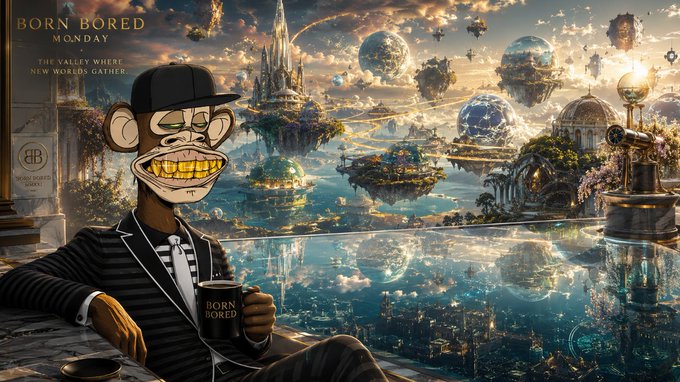 A stylized Bored Ape Yacht Club character wearing a tuxedo and cap lounges by an infinity pool overlooking a fantastical floating cityscape, holding a coffee mug labeled "BORN BORED," with text reading "BORN BORED MONDAY — THE VALLEY WHERE NEW WORLDS GATHER" and a "BB" logo for "Bored Brands Society." The image ties into the post's "Rise and shine" Monday Web3 theme by blending the iconic bored ape aesthetic with a luxurious, new-world vibe—symbolizing fresh opportunities, new paths to explore, and the motivation to "win on a Monday" in the Web3 space.