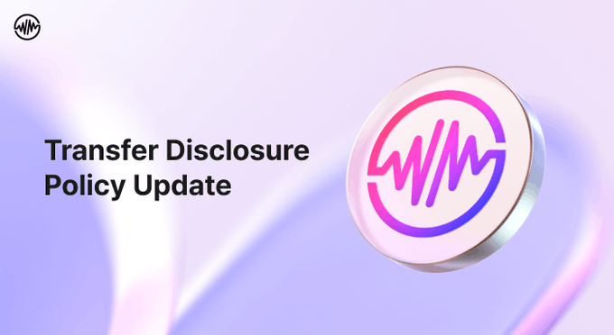 The image features a circular logo with purple, pink, and blue colors that reads "WEMIX transfer disclosure policy update Certain transfers that do not affect circulating supply may be subject to limited temporary disclosure exceptions due to confidentiality obligations or regulatory requirements". The text is written in black against a light purple background.