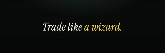 A dark banner with the tagline "Trade like a wizard." in white and gold italic text, paired with a post promoting the ticker $MANCER as an emerging opportunity to watch on Robinhood, linking the wizard theme to savvy early-stage trading.