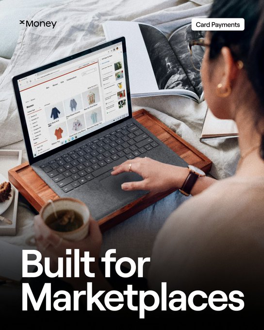 A woman browses an online clothing marketplace on her laptop while holding a coffee, with the text "Built for Marketplaces," "xMoney," and "Card Payments" overlaid—visually reinforcing the post's message that managing payments is the real challenge behind marketplace commerce.