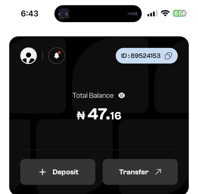 A mobile banking app screenshot shows a total balance of ₦47.16 with the account ID 89524153 visible, alongside Deposit and Transfer buttons. The post's "$47k" reference appears to be wishful thinking, as the actual balance is just ₦47.16 (roughly 11 cents USD)—a stark contrast between the dream of $47,000 and the reality of a nearly empty account.
