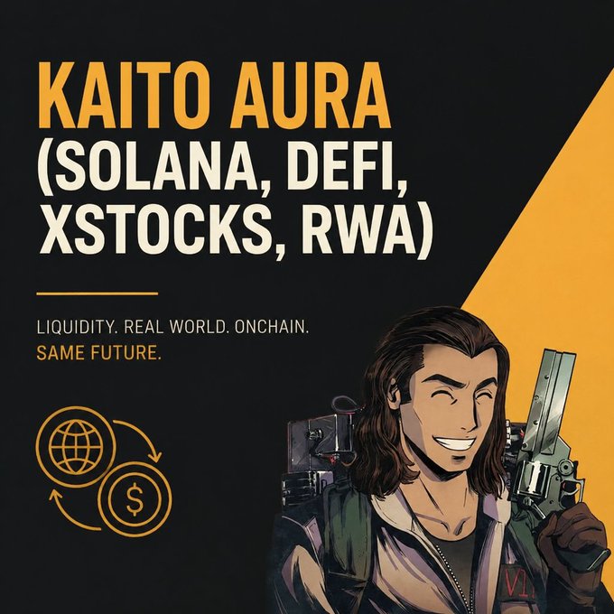 A promotional graphic titled "KAITO AURA (SOLANA, DEFI, XSTOCKS, RWA)" with the text "LIQUIDITY. REAL WORLD. ONCHAIN. SAME FUTURE." alongside an illustrated character holding a revolver and icons representing global currency exchange.