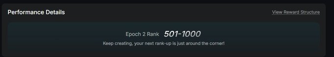 Dark interface screenshot showing 'Performance Details' with an 'Epoch 2 Rank 501-1000' and the message 'Keep creating, your next rank-up is just around the corner!'