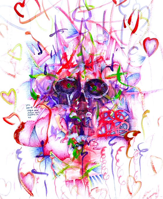 A chaotic, colorful abstract drawing featuring overlapping pink, purple, red, and green scribbles, a face-like figure with dark eyes, hearts, and small handwritten text that appears to say 'you have one idea now hear this, energy to me'.