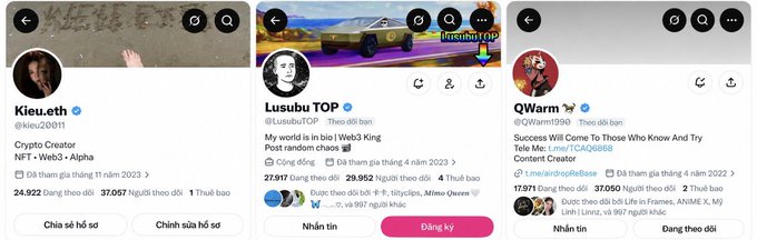 Three TikTok profile screenshots are shown: 'Kieu.eth' (Crypto Creator, NFT/Web3/Alpha), 'Lusubu TOP' (@LusubuTOP), and 'QWarm' (@QWarm1990).