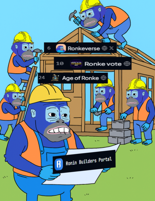 A cartoon illustration features blue gorilla-like characters in construction gear building a wooden house, with floating text labels for 'Ronkeverse,' 'Ronke vote,' 'Age of Ronke,' and 'Ronin Builders Portal.'
