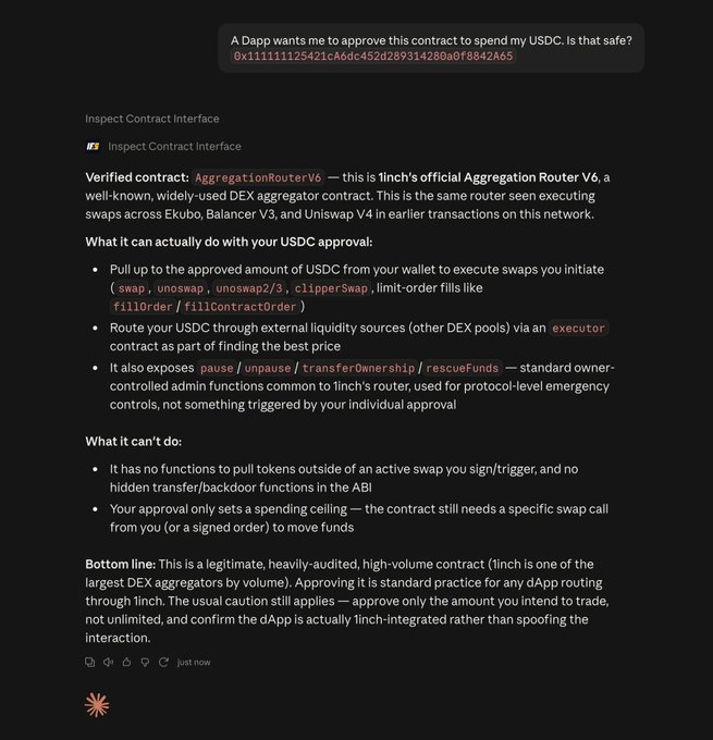 A screenshot showing an AI-powered smart contract inspection tool analyzing the AggregationRouterV6 contract on 1inch, verifying it as a legitimate DEX aggregator that can pull USDC only when the user initiates a swap, with no backdoor functions. The interface breaks down what the contract can and cannot do with the approved tokens, demonstrating how blockchain intelligence tools help users evaluate approval safety before signing.