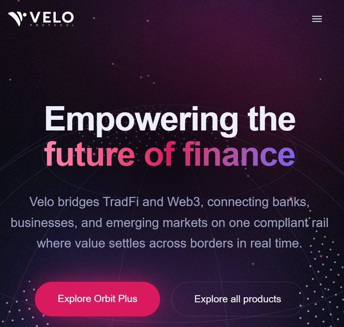 The image shows Velo Protocol's homepage with the tagline "Empowering the future of finance," highlighting how the platform bridges TradFi and Web3 to enable real-time cross-border value settlement for banks, businesses, and emerging markets, with call-to-action buttons for "Explore Orbit Plus" and "Explore all products." This aligns with the accompanying post's focus on Velo ($VELO) prioritizing liquidity as its core product for payments and cross-border settlement rather than simply emphasizing transaction speed.