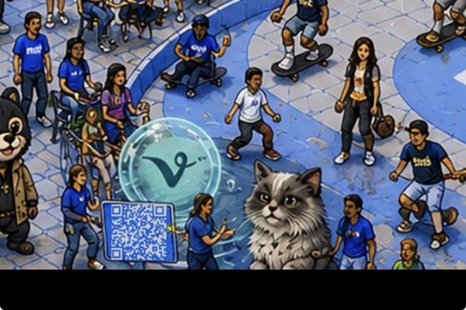 A pixel-art style illustration showing a large grey cat and a 'V' coin orb floating above a crowd of people wearing blue shirts, with a QR code in the foreground.