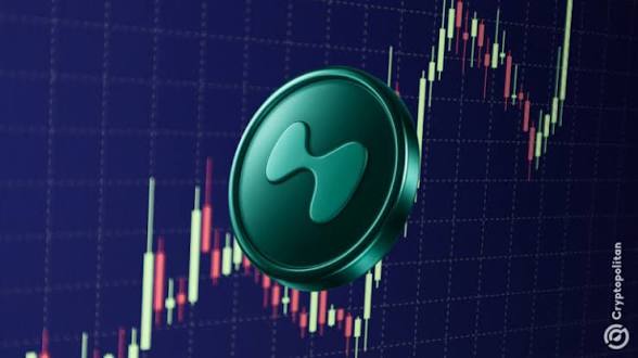 An illustration featuring the teal Hyperliquid token logo superimposed over a rising green and red candlestick financial chart. The image visually represents the "Believe in Hyperliquid" sentiment by showing the asset's growth trend.