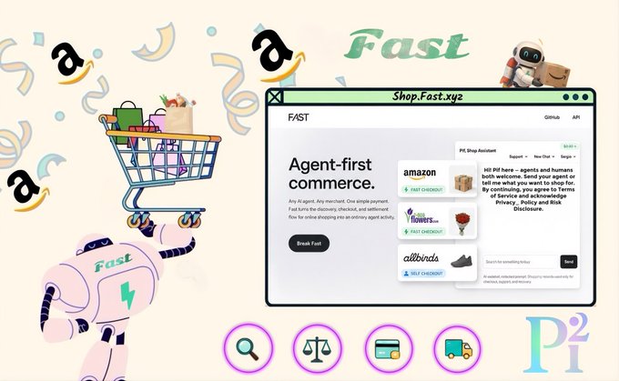 The image features a shopping cart with various items, including a pink robot standing next to it. Below the shopping cart, there's an advertisement for a new app called ShopFast that allows users to shop online from Amazon. The app offers a variety of products such as gifts and electronics. The post also mentions that the app is powered by AI and can be used for various tasks like shopping, managing finances, or even finding a date.