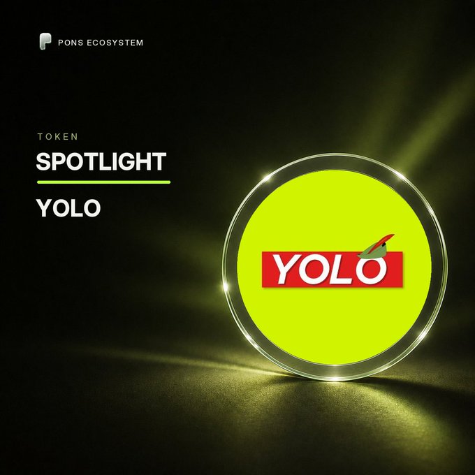 A glowing neon yellow circular spotlight displays the red "YOLO" logo, paired with text reading "PONS ECOSYSTEM," "TOKEN SPOTLIGHT," and "YOLO" against a dark background, visually highlighting YOLO as the featured token spotlight project on the Robinhood chain.