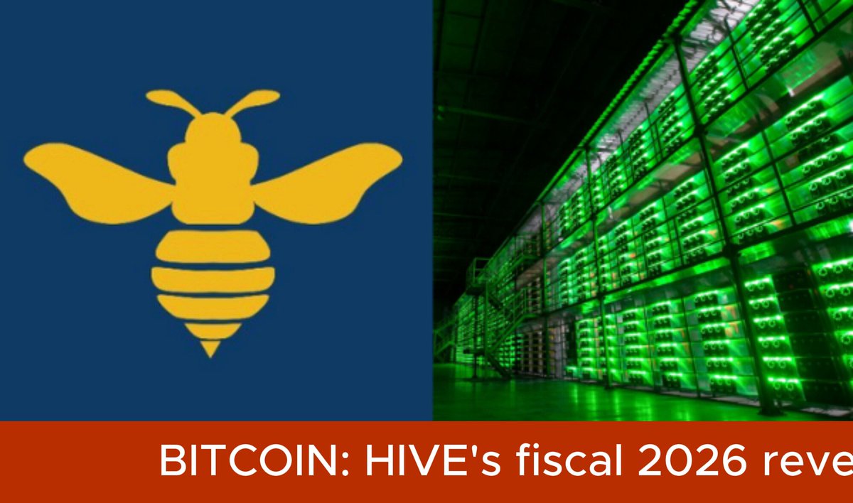 The image features a blue square with a yellow bee logo at the top and an orange rectangle below it that says "BITCOIN: HIVE's FISCAL 2026 REVEAL". The text also mentions Bitcoin mining, AI, and revenue growth in the year 2026.