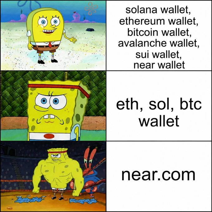 A three-panel SpongeBob meme shows progressively stronger SpongeBob reacting to crypto wallets, culminating in 'near.com' with a buffed-up SpongeBob alongside Mr. Krabs.