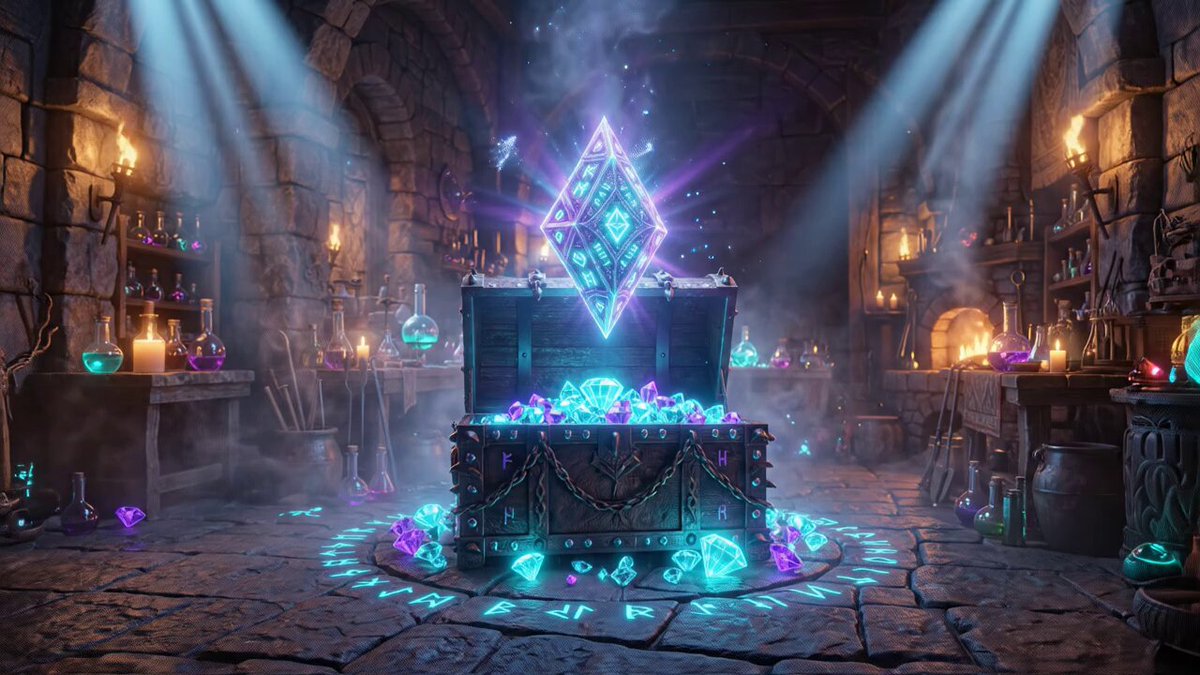 The image features an old stone room with a large blue crystal sitting at the center of the scene, surrounded by blue diamonds. Atop this crystal is a book, from which several other crystals are falling towards the ground. The overall atmosphere suggests a mystical and magical place, possibly related to a fantasy world or a treasure hunt game on an SLCW platform like Steam.
