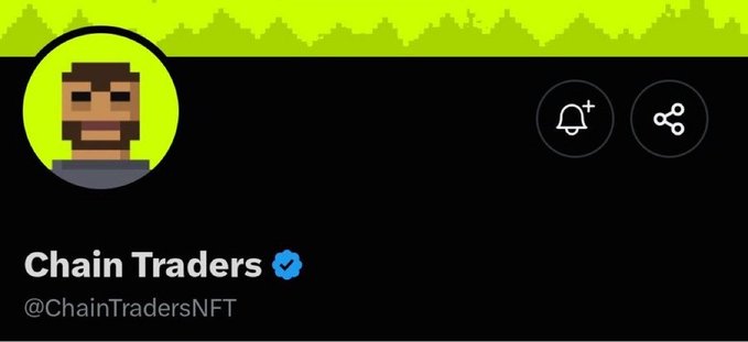 A Twitter profile page for "Chain Traders" (@ChainTradersNFT) with a verified blue checkmark, featuring a pixel-art bearded avatar against a green pixelated banner background. The image relates to the post promoting a NFT airdrop with a total supply of 7,500, of which 2,500 spots are being given away to community members.