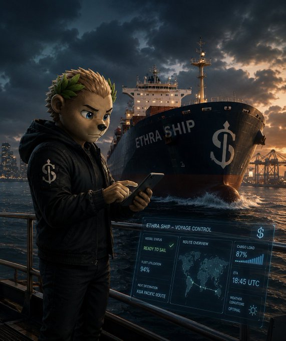 A stylized 3D character with a laurel wreath and hooded jacket uses a smartphone on a dock at dusk, with the cargo ship 'Ethra Ship' visible behind him and a 'Voyage Control' display showing 87% cargo load and Asia-Pacific route.