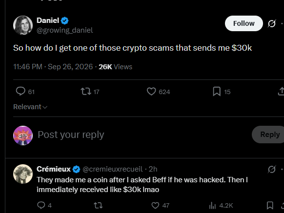 A screenshot shows a tweet by Daniel (@growing_daniel) joking "So how do I get one of those crypto scams that sends me $30k," with a reply from Crémieux (@cremieuxrecrult) explaining they received $30k after asking Beff if he was hacked, referencing the crypto memecoin launchpad and donation mechanism discussed in the post.