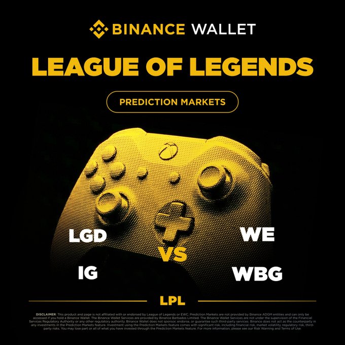 The image is a promotional graphic for Binance Wallet's "League of Legends Prediction Markets," featuring a golden game controller on a black background. It highlights LPL matches LGD vs WE and IG vs WBG, aligning with the post announcing that LOL LPL Group Ascend Prediction Markets are now live for users to trade.
