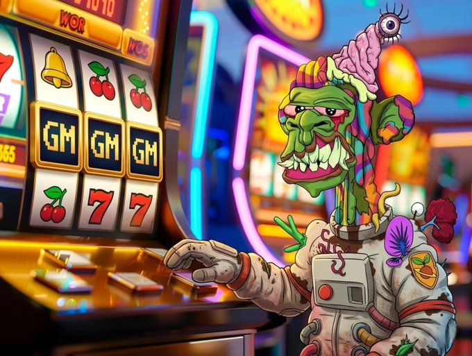 A grotesque green-skinned character in a bloodstained spacesuit stands before a glowing slot machine displaying "GM" symbols on all three reels. The image ties into the post's "GM (gamble more)" theme, playfully showing three matching "GM" jackpots to suggest a winning streak ahead.