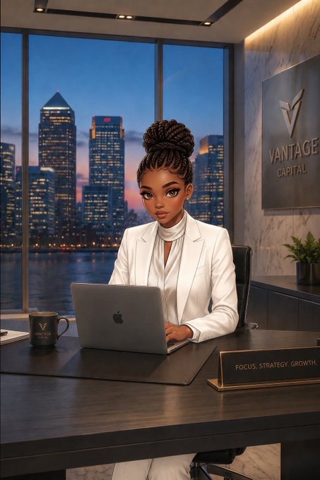 An illustrated female executive in a white blazer sits at a desk with a MacBook in an office featuring 'VANTAGE CAPITAL' signage and a plaque reading 'FOCUS. STRATEGY. GROWTH.'
