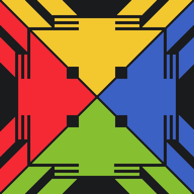 A geometric design featuring four colored triangles (yellow, red, blue, green) meeting in the center, surrounded by black tribal-style patterns.