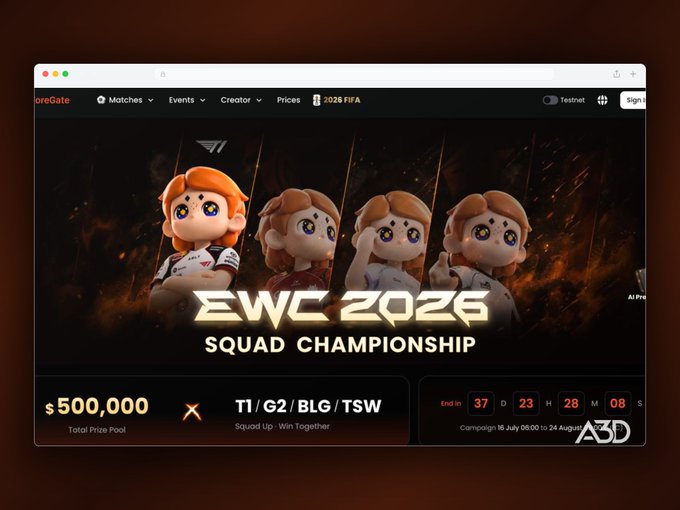 The image promotes the "EWC 2026 Squad Championship" on ForeGate, featuring a $500,000 total prize pool sponsored by T1, G2, BLG, and TSW, with a campaign running from July 18 to August 24. It supports the post's message by highlighting the team-based "Squad Up · Win Together" format, reframing the large prize pool as a shared opportunity tied to collective trading volume rather than individual competition.