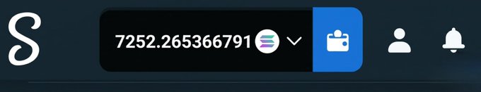 A dark-themed interface displays an S logo alongside a prominent field showing the value "7252.265366791" next to a Solana icon and dropdown arrow, followed by icons for a wallet, profile, and notifications. The image appears to showcase a cryptocurrency balance or transaction involving Solana (SOL), aligning with the post's promotional mention of "$SOL" and a $3,000 offer to gain active followers.