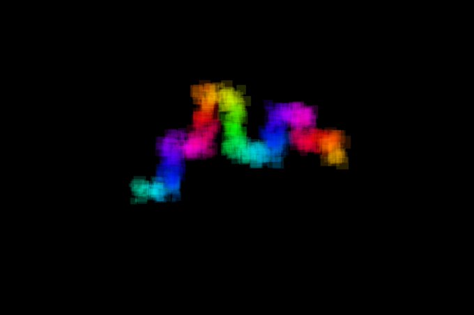 A pixelated, rainbow-colored abstract shape resembling a stylized signature or the letters "M" against a black background.