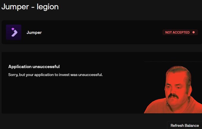 A screenshot from Jumper showing a 'NOT ACCEPTED' status with the message 'Application unsuccessful. Sorry, but your application to invest was unsuccessful,' accompanied by an image of a disappointed-looking man.