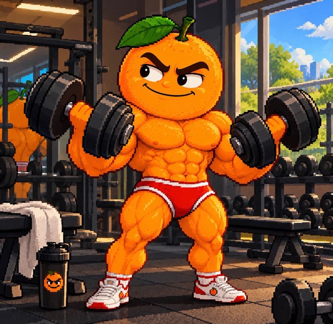 A cartoon illustration of a muscular anthropomorphic orange with a leaf on its head, wearing red briefs and white sneakers, lifting heavy dumbbells in a gym.