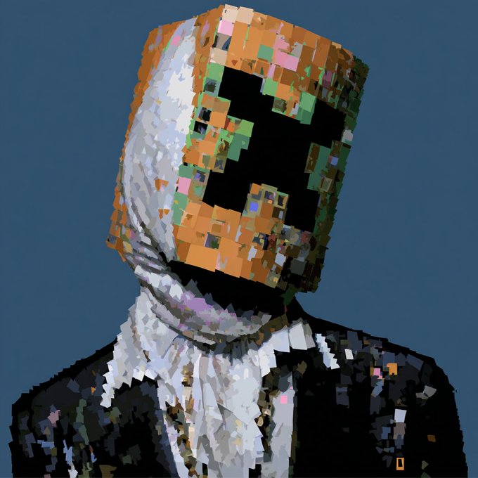 A pixelated/glitched digital art portrait of a hooded figure wearing a dark mask, with orange, green, and white fragmented blocks creating the abstract image.