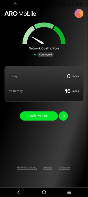 The image shows a screenshot of the ARO Mobile app displaying a network quality gauge indicating "Poor" connection status, with earnings stats showing 0 Jades today and 16 Jades yesterday, alongside a "Referral Link" button. The post reflects on the user's 1-year anniversary with ARO Network, and the screenshot demonstrates their active engagement with the platform by showing their current node status and accumulated rewards.