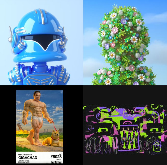 The image features a collage of four different images with various themes related to the post "Some big sales in the last 24h: GVC Ranger - 6ETH GVC 1/1 - 17ETH Beeple, GIGACHAD - 20ETH XCOPY - 22ETH XCOPY". The first image is a blue robot wearing a helmet and standing on a beach. The second image shows a man in a white shirt walking his dog near the ocean. The third image features a green plant with flowers, while the fourth image displays a purple and pink abstract design. These images are arranged in a grid format to showcase different aspects of the post's content.