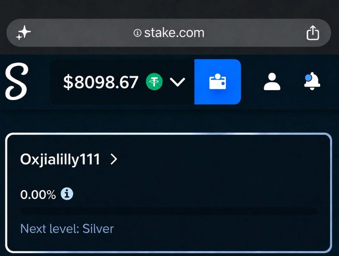 The image shows a Stake.com account profile for user "0xjialilly111" with a balance of $8098.67 and 0.00% progress toward the Silver VIP level, visually representing one of the eligible users participating in the giveaway for a $500 tip.