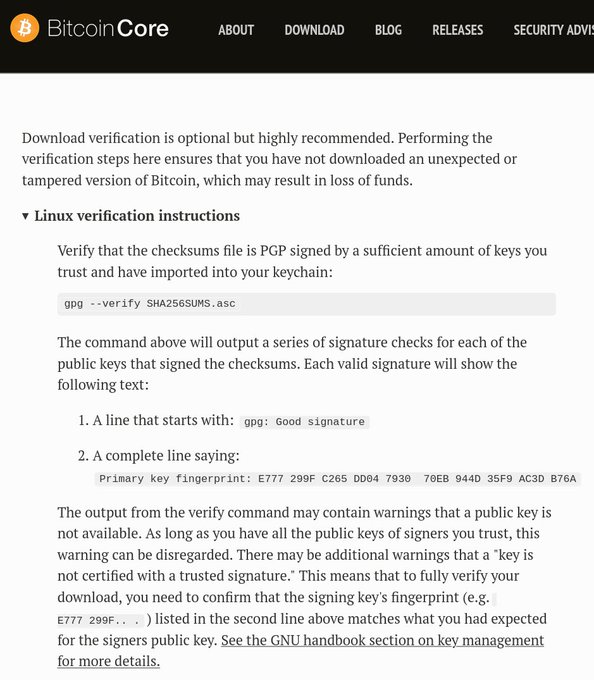 A screenshot of the Bitcoin Core website displaying Linux verification instructions, including the command 'gpg --verify SHA256SUMS.asc' and instructions on checking PGP signatures.