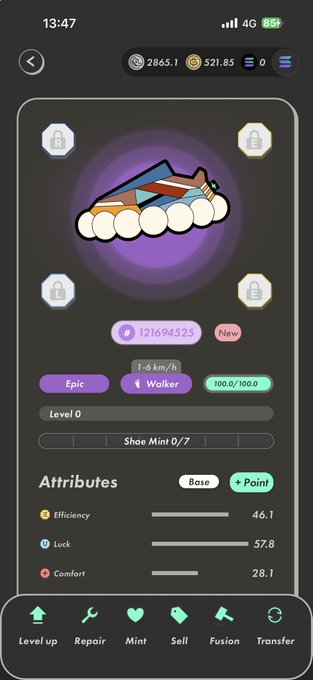 The image shows a cell phone screen with an app icon displayed, which appears to be a shoe shopping app. The app has several features such as "Attributes", "Know", "Point", "Level", "Repair", "Sell", and "Fusion". These options allow the user to customize their experience within the app by selecting specific functionalities or preferences.