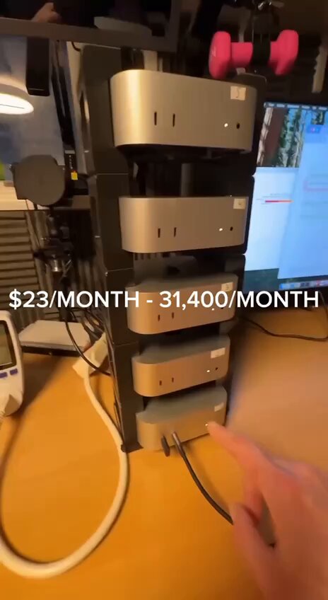 In the image, there is an advertisement for a product that includes the following text: "His electricity bill is $23 a month. Last month the stack made $31,400 Five Mac Minis. One rack. One bedroom Pink dumbbells on the shelf behind them Pause at 0:08. That white device on the left is not a router. That is a Watt meter. He tracks exactly what this costs to run per". The post displays an image of a person connecting their electricity bill with the product they purchased, possibly fitness equipment or accessories for a home gym.