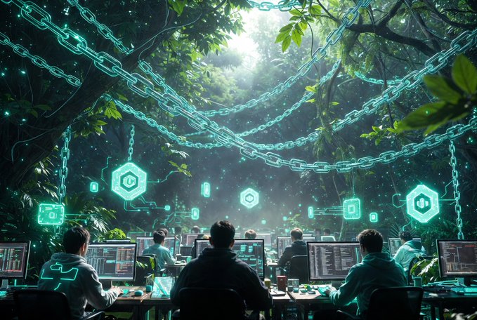 A futuristic scene shows people working at computer terminals in a lush jungle setting with glowing cyan chains and hexagonal blockchain-style icons floating in the air.