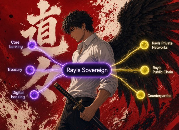 An anime-style illustration of a dark-haired man with black wings holding a katana, set against a red background with a Chinese character. Text labels show "Rayls Sovereign" connecting to "Core banking", "Treasury", "Digital banking", "Rayls Private Networks", "Rayls Public Chain", and "Counterparties".