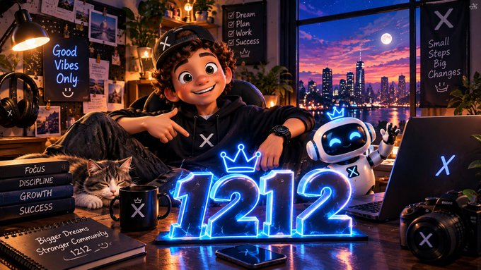 A stylized cartoon image shows a young person at a desk with a glowing neon "1212" sign, surrounded by motivational text like "Good Vibes Only," "Focus," "Discipline," "Growth," "Success," and "Bigger Dreams Stronger Community 1212," along with a cat, robot, and cityscape backdrop.