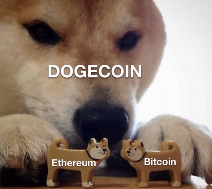 A large Shiba Inu dog (labeled "DOGECOIN") looms menacingly behind two tiny dog figurines labeled "Ethereum" and "Bitcoin," visually reinforcing the post's claim that $DOGE will lead the next bull run and surpass major cryptocurrencies in onboarding everyday users. The size disparity humorously illustrates the meme-driven appeal of Dogecoin compared to its larger, more established counterparts.