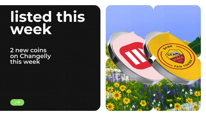 A Changelly promotional image announcing '2 new coins on Changelly this week,' featuring 3D rendered coin designs for what appears to be a 'Barn' token and an 'FCMM Fan Token' displayed against a flowery meadow background.