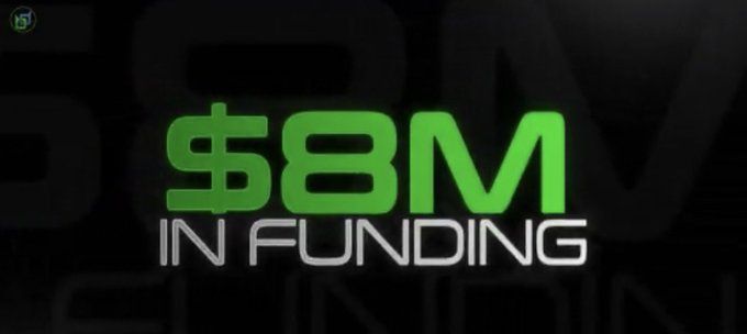 A bold graphic displays the text '$8M IN FUNDING' in bright green and white lettering against a dark background with faint green accents.