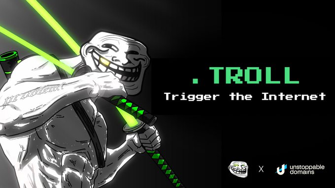 The image features a cartoon character, likely a male, holding two green laser beams with his arms raised above his head. The character appears to be smiling or laughing while holding the beams. The background of the image is black, which contrasts with the white text that reads " Troll trigger the internet". This phrase is written in a green font and is positioned below the character's arms.